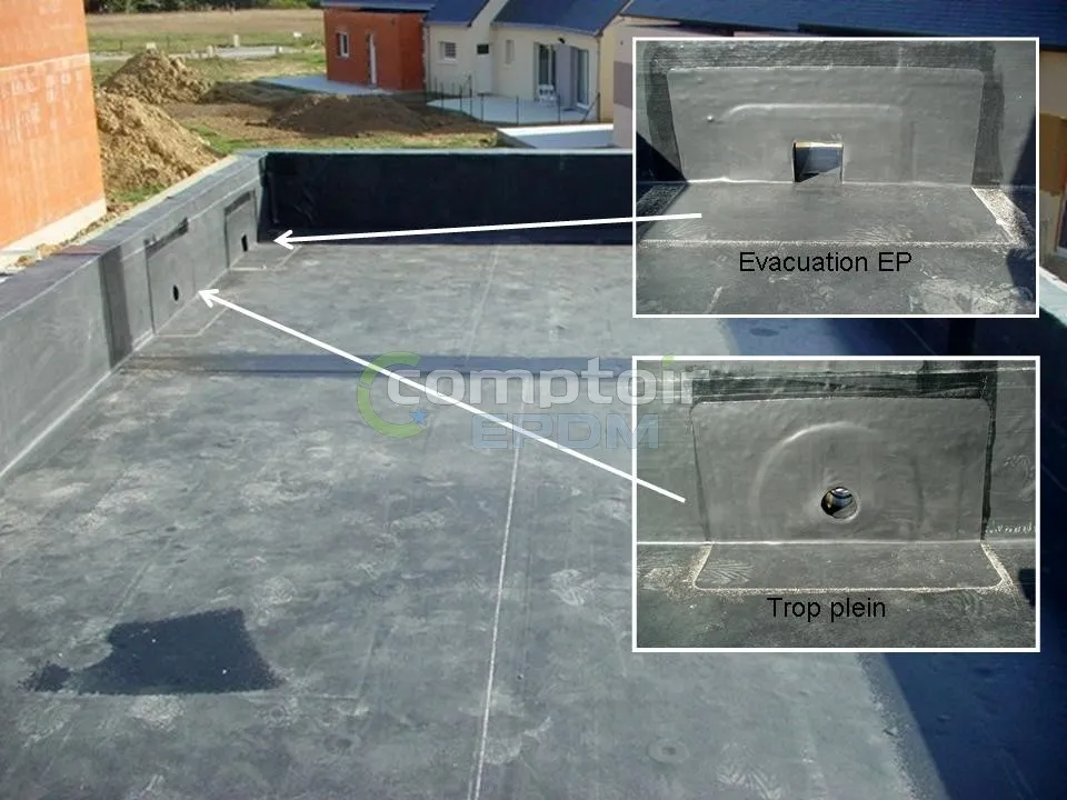 Trop-plein aluminium EPDM - trop-plein rond et évacuation installés sur une toiture plate