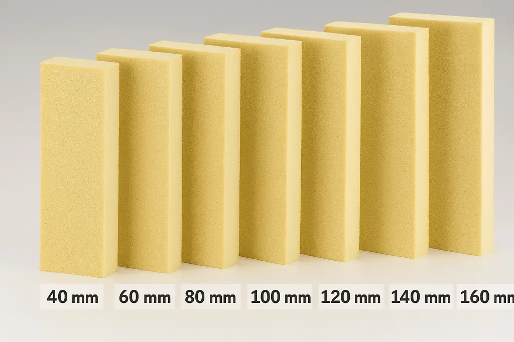 Tableau des épaisseurs disponibles – panneaux isolants polyuréthane EPDM (40 à 160 mm)